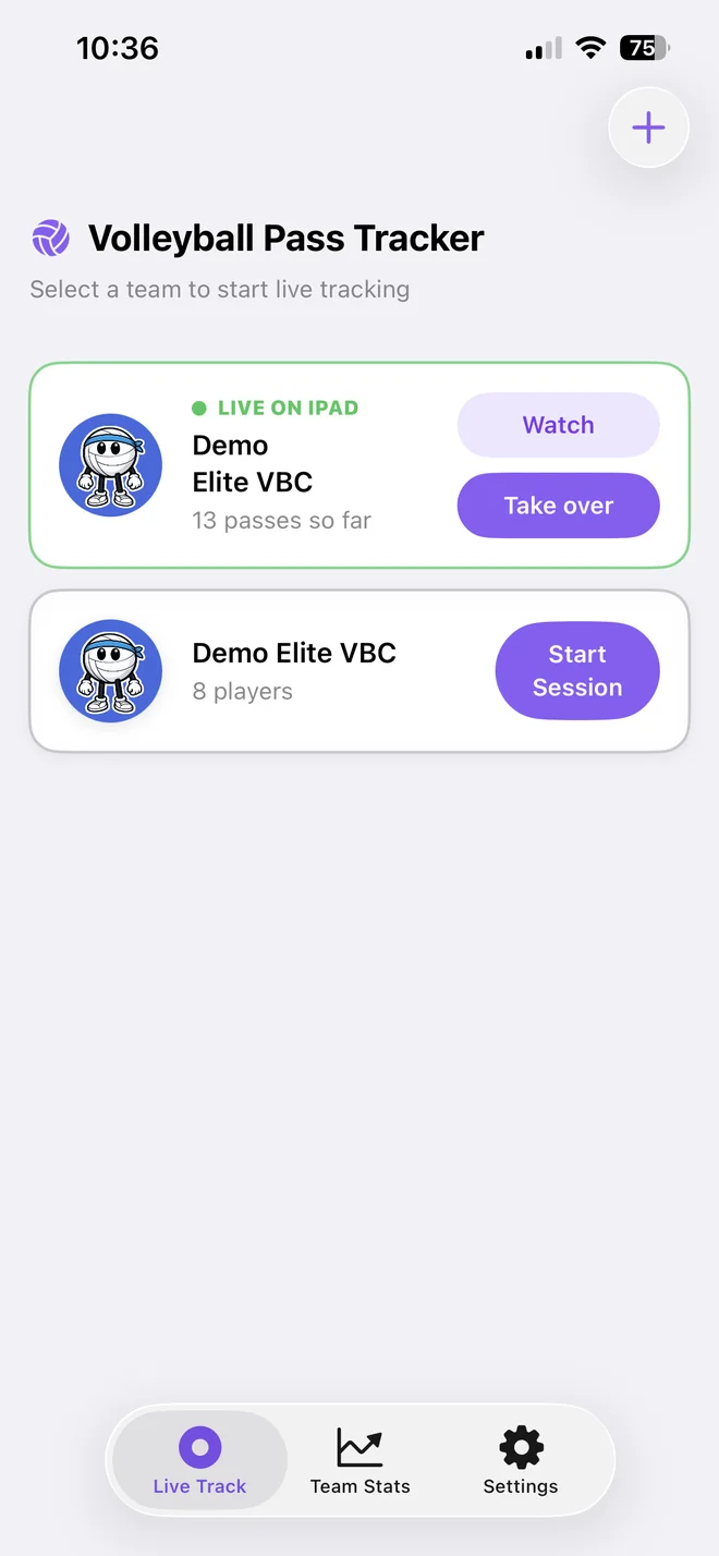 iPhone team list showing Demo Elite VBC live on iPad with Watch and Take over buttons