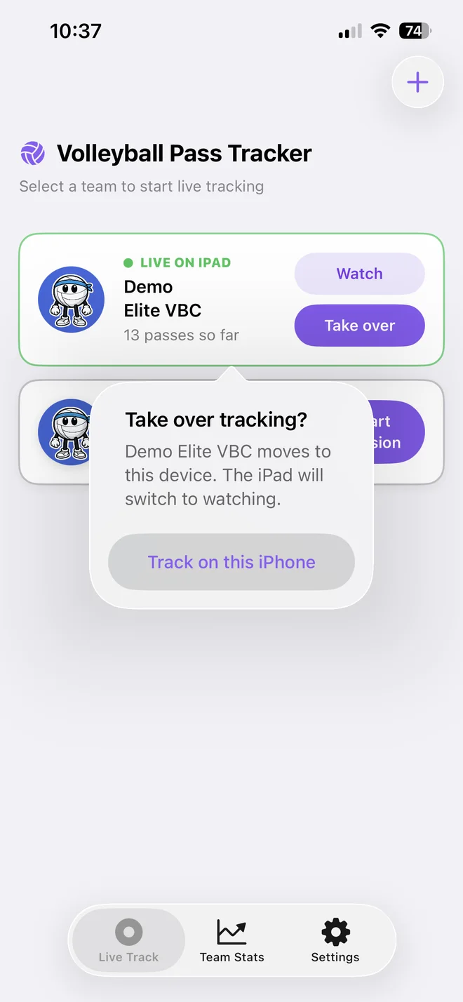 Take over tracking prompt: Demo Elite VBC moves to this device and the iPad switches to watching